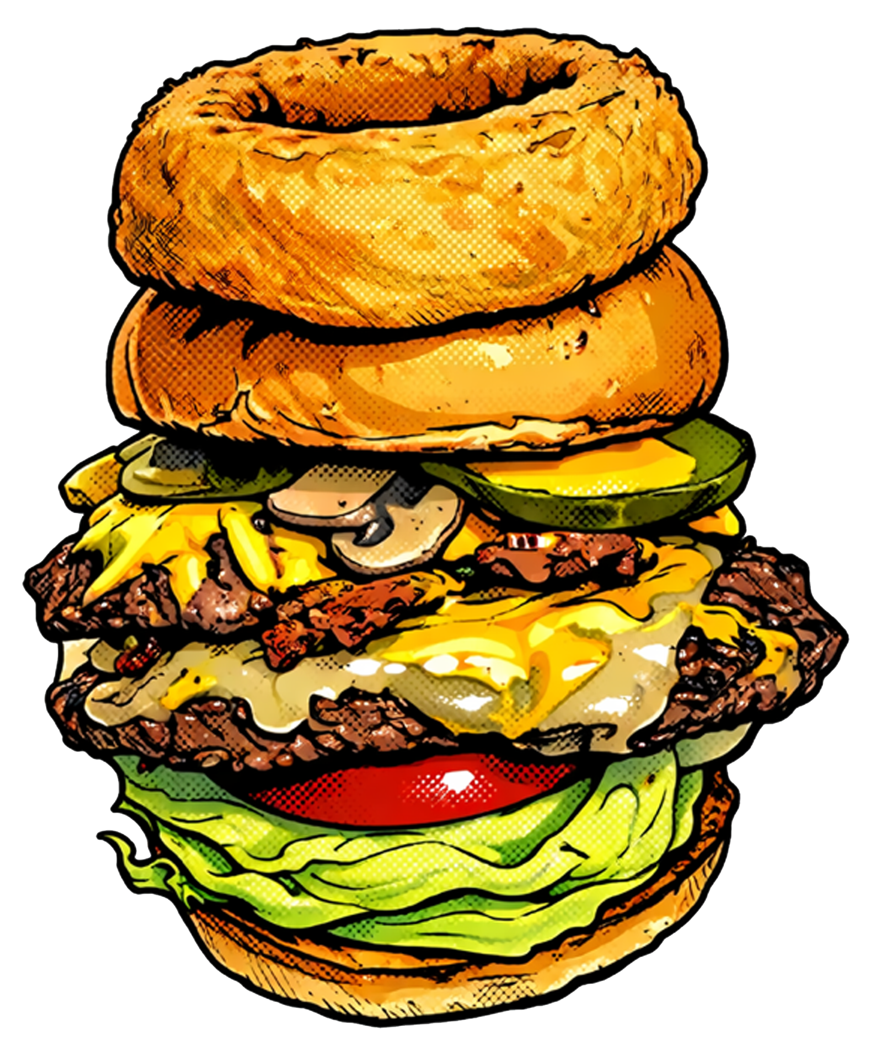 Comic-book illustration of the Kardiac Burger stacked with two patties, three cheeses, bacon, mushrooms and a beer-battered onion ring